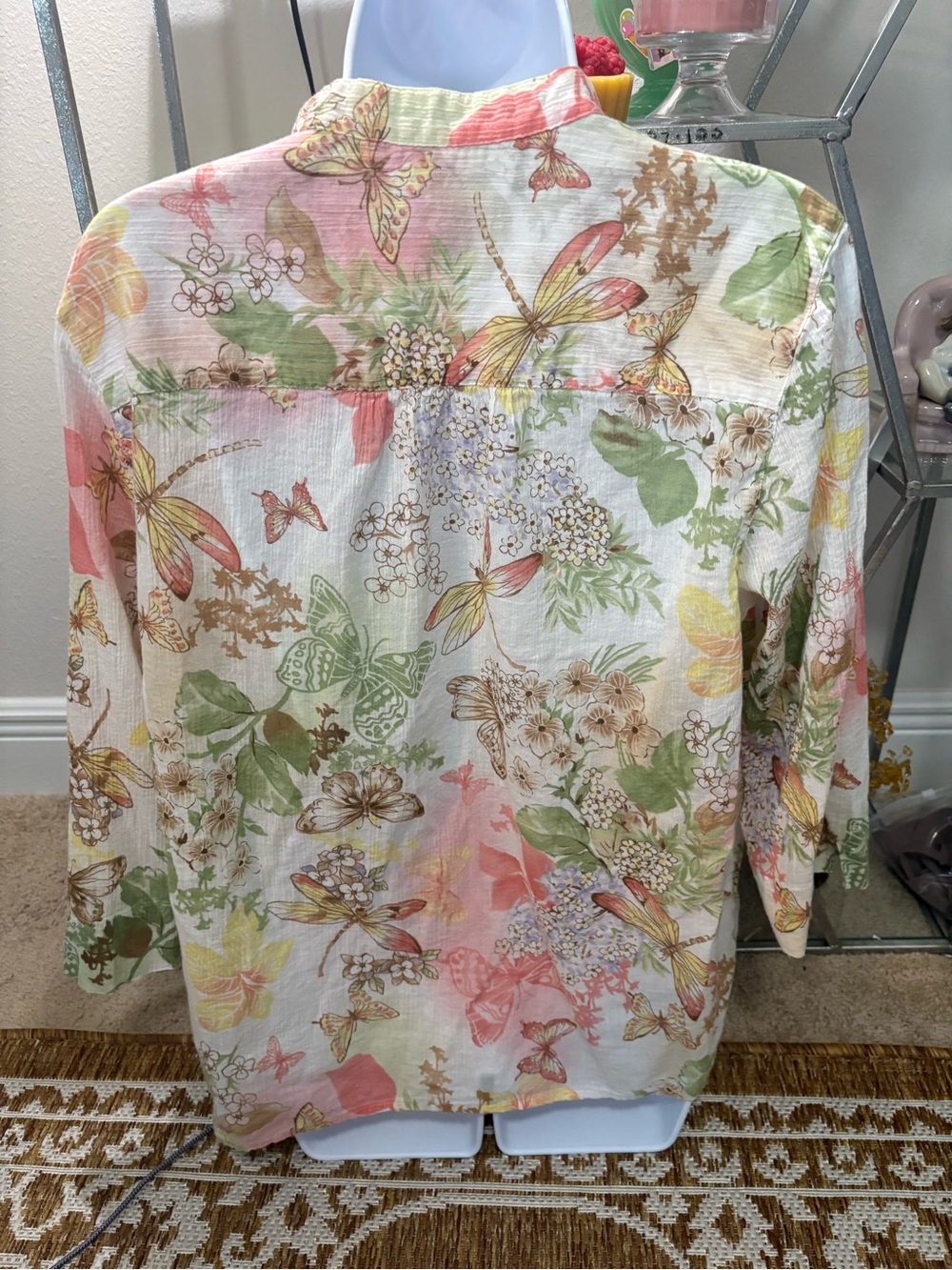 Alfred Dunner Womens 3/4 sleeve botton blouse pink green butterflies size 14 - Picture 2 of 6